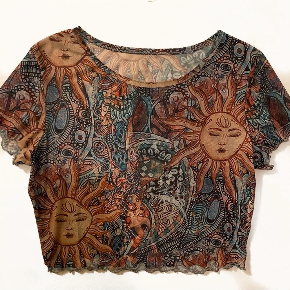 Shein Sun Print Lettuce Trim Mesh Top